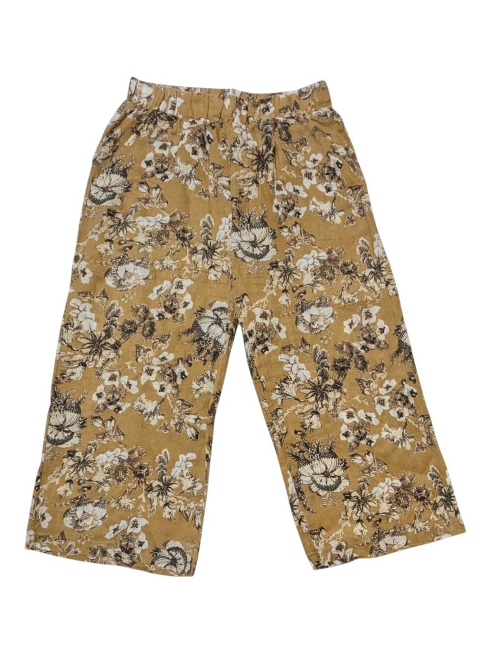 Elie Tahari 100% Linen Pants Wide Leg Cropped XS Goldenrod Mustard Floral Print